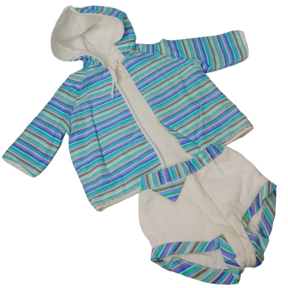 Vtg Fawn Fashions 13-20 LBS M Baby Beach Outfit Terry Cloth Stripe Blue Hooded